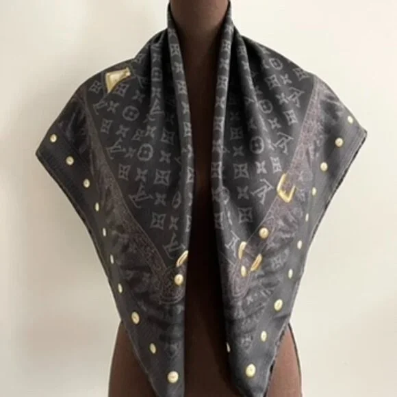 Louis Vuitton Scarf Monogram Denim Blask Gray Square Silk Wrap - Picture 2 of 16
